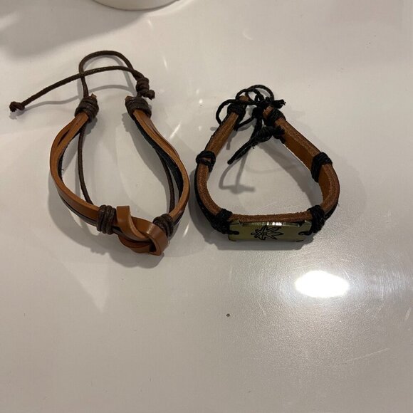 Pot Leaf Weed Leather 2 Bracelet duo Set With Metal Plate & Adjustable Strap - Picture 10 of 12
